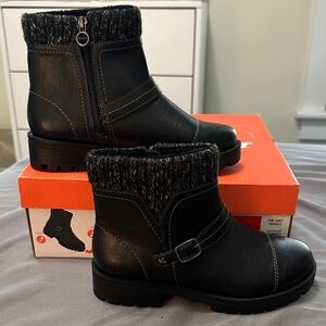 Women's Black Knit-Cuff Ankle Booties with Side Zip and Buckle